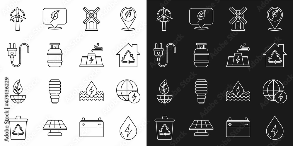 Set line Water energy, Global power planet, Eco House with recycling, Wind turbine, Propane gas tank, Electric plug, and Power station plant factory icon. Vector