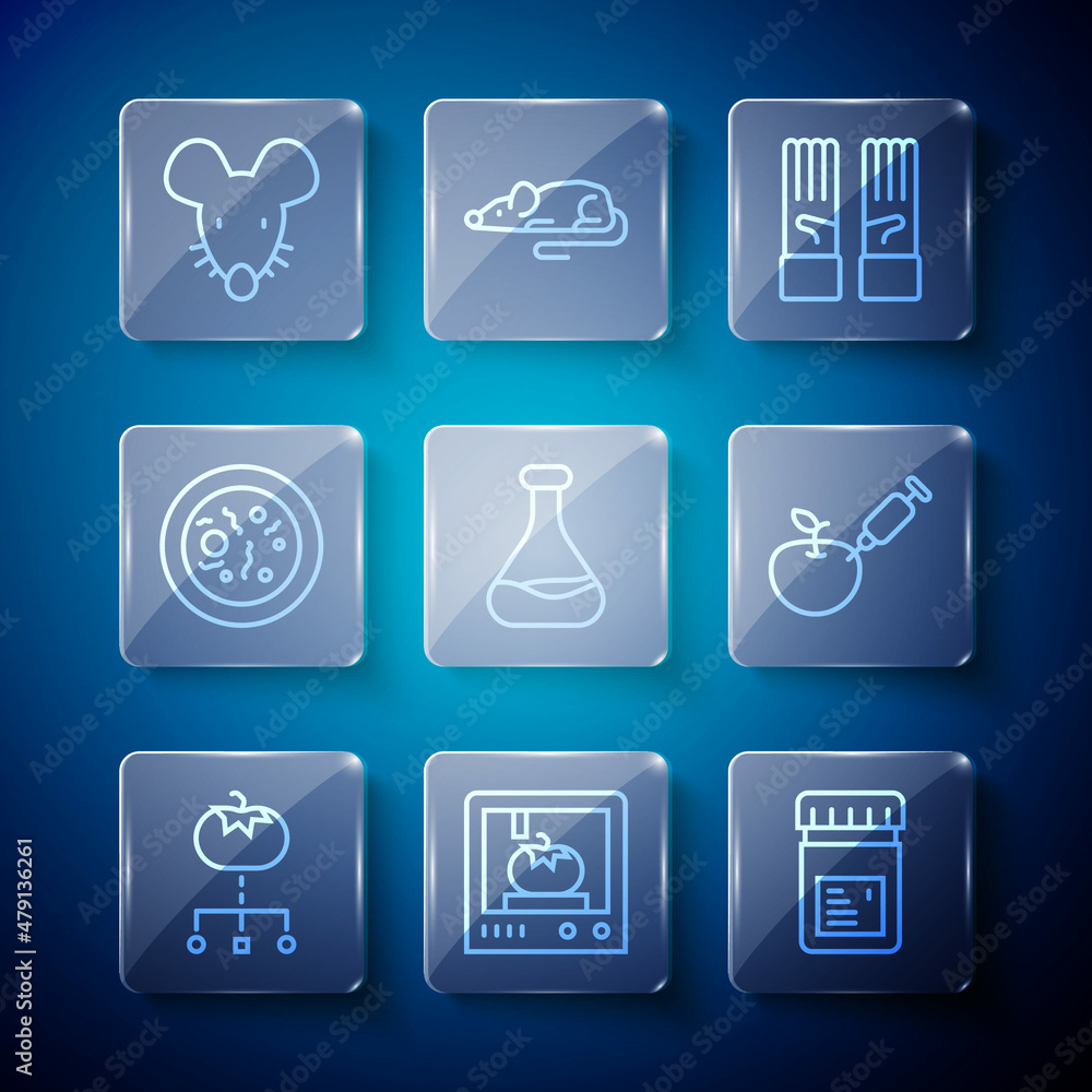 Set line Genetically modified food, 3D printing technology, Jar with additives, Medical rubber gloves, Test tube and flask, Petri dish bacteria, Experimental mouse and apple icon. Vector Set line Genetically modified food, 3D printing technology, Jar with additives, Medical rubber gloves, Test tube and flask, Petri dish bacteria, Experimental mouse and apple icon. Vector