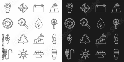 Set line LED light bulb, Light, Wind turbine, Car battery, Lightning bolt, Power button, with lightning and Water energy icon. Vector