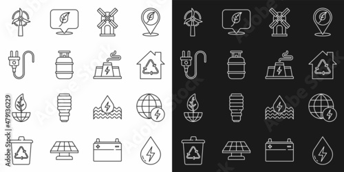 Set line Water energy, Global power planet, Eco House with recycling, Wind turbine, Propane gas tank, Electric plug, and Power station plant factory icon. Vector