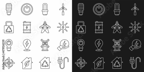Set line Electric plug, Lightning bolt, Solar energy panel, LED light bulb, Bio fuel barrel, Paper bag with recycle, and tower icon. Vector