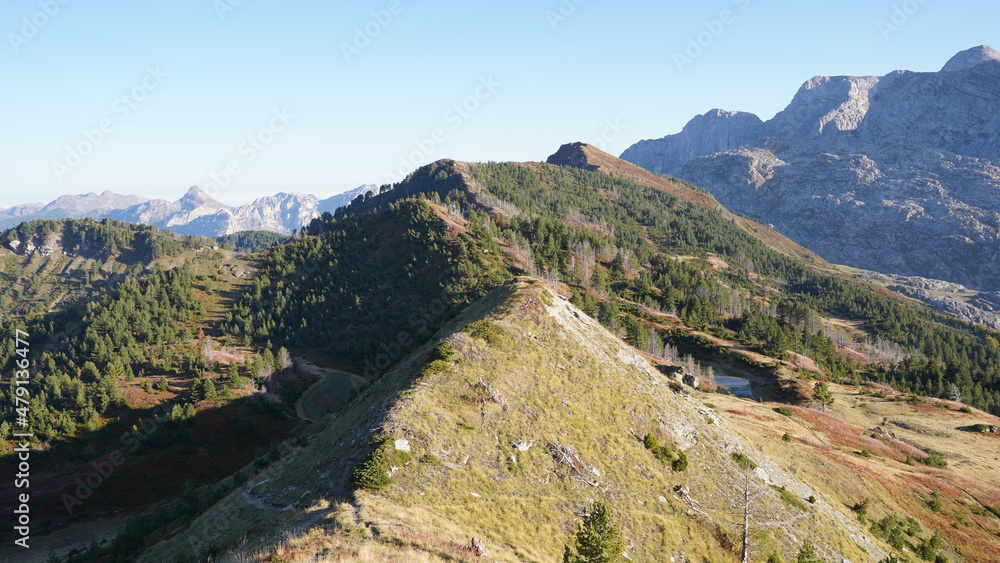 Warm summer day in the Prokletije national park within the Dinaric Alps Mountain Range on the Peaks of the Balkans Trail near Plav, Montenegro.