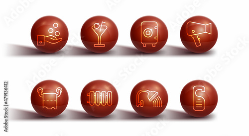 Set line Paying tips, Toilet paper roll, Hair dryer, Shower head, Heating radiator, Martini glass, Please do not disturb and Safe icon. Vector