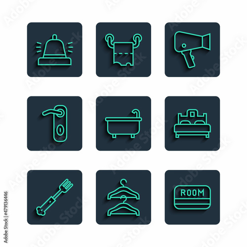 Set line Fork, Hanger wardrobe, Hotel key card, Hair dryer, Bathtub, Door handle, service bell and Bedroom icon. Vector