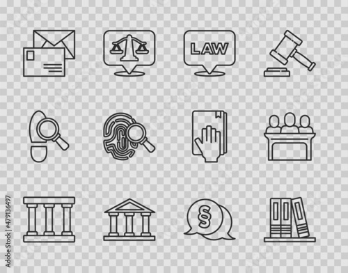Set line Prison window, Office folders, Location law, Courthouse building, Envelope, Fingerprint, Law and Jurors icon. Vector