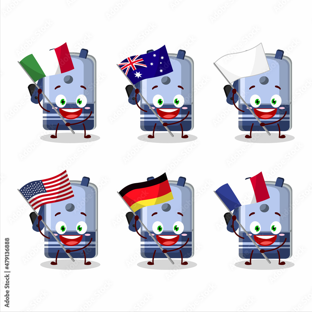 blue pencil sharpener table cartoon character bring the flags of various countries blue pencil sharpener table cartoon character bring the flags of various countries