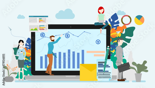 Business data analysis. Earnings data. People access to investment concept. Flat design vector illustration.
