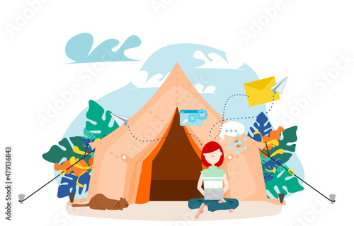  Freelance working outdoors while camping. Freelance career concept and flexibility to work to be happy.