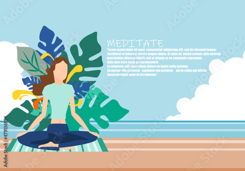 Meditation refreshes the mind from within. Woman relaxing by meditating on the beach. Flat design illustration