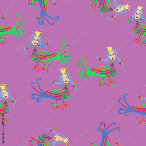 Seamless design fabulous bird Sirin. Hand drawn.