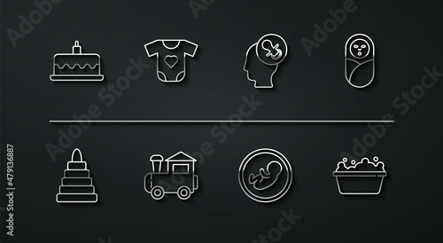 Set line Cake with burning candles, Pyramid toy, Newborn baby infant swaddled, Baby, Toy train, clothes, bathtub and dummy pacifier icon. Vector