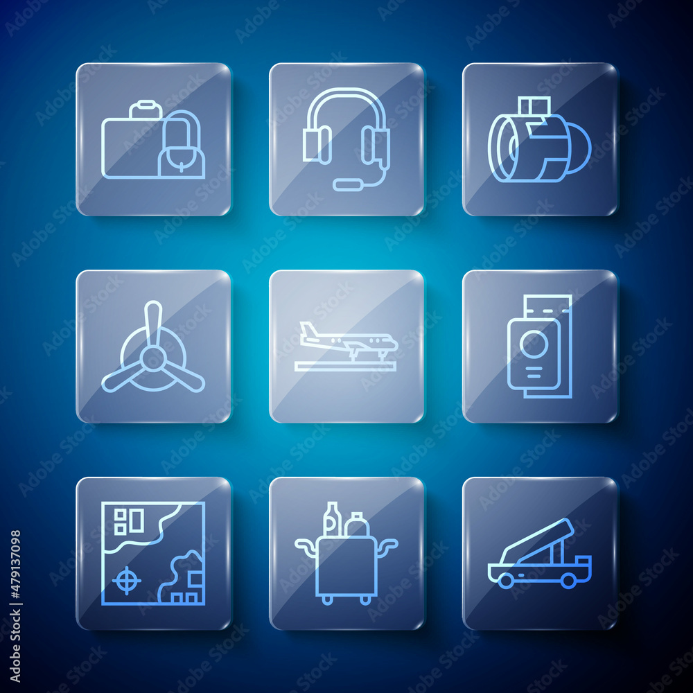 Set line World travel map, Trolley for food, Passenger ladder, Jet engine turbine, Plane, propeller, Suitcase and Passport with ticket icon. Vector Set line World travel map, Trolley for food, Passenger ladder, Jet engine turbine, Plane, propeller, Suitcase and Passport with ticket icon. Vector