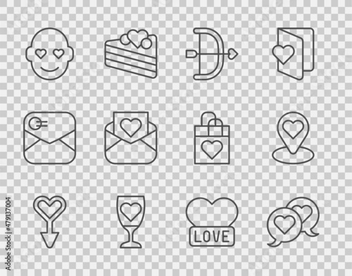 Set line Female gender symbol, Heart in speech bubble, Bow and arrow, Glass of champagne, Romantic man, Envelope with Valentine heart, and Location icon. Vector
