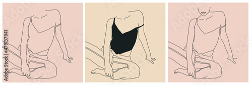 Collection woman in swimsuit or underwear. Vector design to advertise clothing brand, highlights, web design, promotion. Minimalistic hand drawn linear art. Beauty and fashion. 