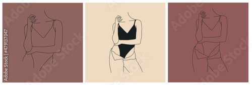Collection woman in swimsuit or underwear. Vector design to advertise clothing brand, highlights, web design, promotion. Minimalistic hand drawn linear art. Beauty and fashion. 