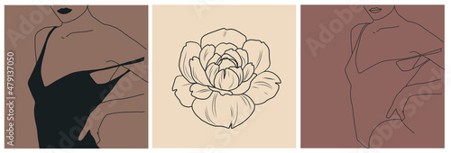 Set templates with line drawings of flower bud, woman body in black swimsuit or lingerie. Hand drawn minimalism art. 