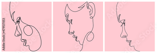 One line woman portrait. Hand drawn abstract face.  Minimal art. Trendy style. 