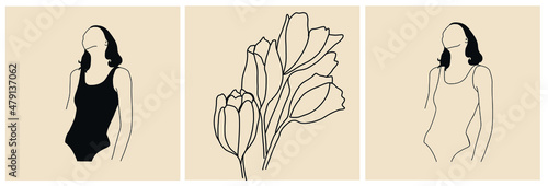 Set templates with line drawings of flower bud, woman body in black swimsuit or lingerie. Hand drawn minimalism art. 