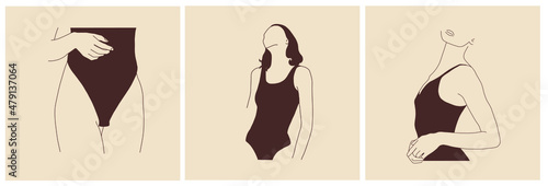 Collection woman in swimsuit or underwear. Vector design to advertise clothing brand, highlights, web design, promotion. Minimalistic hand drawn linear art. Beauty and fashion. 