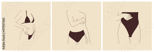 Collection woman in swimsuit or underwear. Vector design to advertise clothing brand, highlights, web design, promotion. Minimalistic hand drawn linear art. Beauty and fashion. 