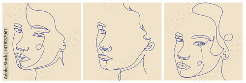 One line woman portrait. Hand drawn abstract face. Minimal art. Trendy style. 