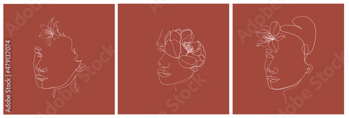 Set templates One line woman portrait with flower. Hand drawn abstract face.  Minimal art. Trendy style. 