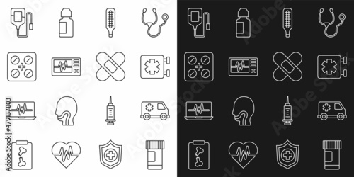 Set line Medicine bottle and pills, Emergency car, Medical symbol of the, thermometer, Monitor with cardiogram, Pills blister pack, IV bag and Crossed bandage plaster icon. Vector