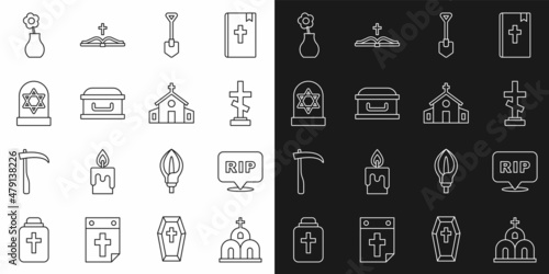 Set line Church building, Speech bubble rip death, Grave with cross, Shovel, Coffin, star david, Flower vase and icon. Vector