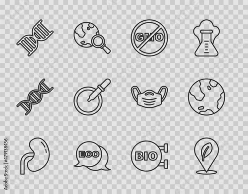 Set line Human kidney, Location with leaf, No GMO, Label for eco healthy food, DNA symbol, Petri dish pipette, Bio and Earth globe icon. Vector