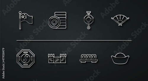 Set line China flag on flagpole, Yin Yang, Chinese or japanese folding fan, Sushi cutting board, Great wall of, Yuan currency, and paper lantern icon. Vector