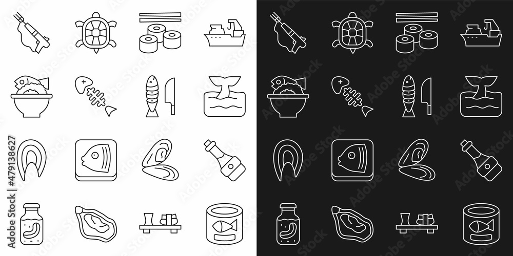 Set line Canned fish, Soy sauce bottle, Whale tail in ocean wave, Sushi, Fish skeleton, Served bowl, Fishing harpoon and with sliced pieces icon. Vector