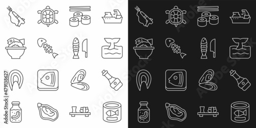 Set line Canned fish  Soy sauce bottle  Whale tail in ocean wave  Sushi  Fish skeleton  Served bowl  Fishing harpoon and with sliced pieces icon. Vector