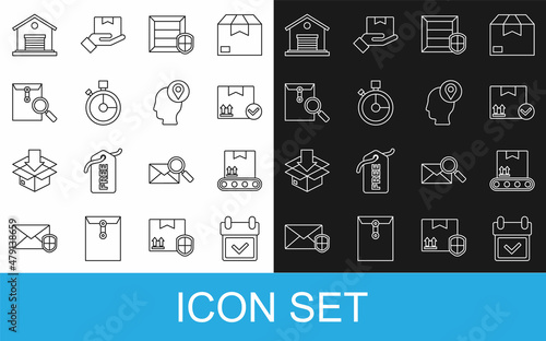 Set line Calendar with check mark, Conveyor belt cardboard box, Package, Delivery pack security shield, Fast time delivery, Envelope magnifying glass, Warehouse and man boxes icon. Vector