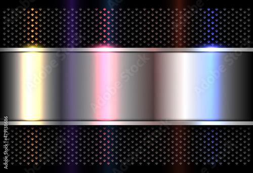 Silver black background with dots pattern texture, 3d dark vector metal design with color lights.