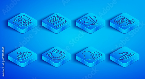 Set line Online poker table game, Slot machine, Deck of playing cards, Horseshoe, Game dice, Lottery ball on bingo, Casino roulette wheel and Cigar icon. Vector