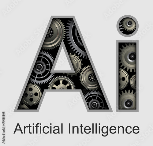 Artificial intelligence icon, concept of Ai with gears, machine intelligence sign background, black and white vector illustration.