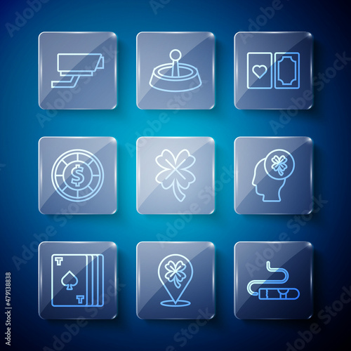 Set line Deck of playing cards, Casino slot machine with clover, Cigar, chips, Security camera and icon. Vector