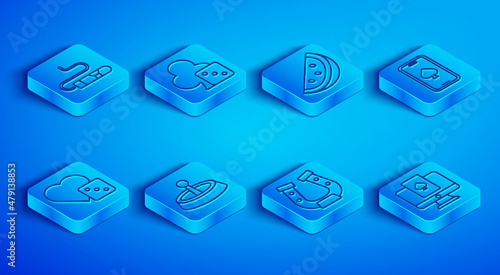 Set line Cigar, Game dice, Casino slot machine with watermelon, roulette wheel, Horseshoe, Online poker table game, and icon. Vector