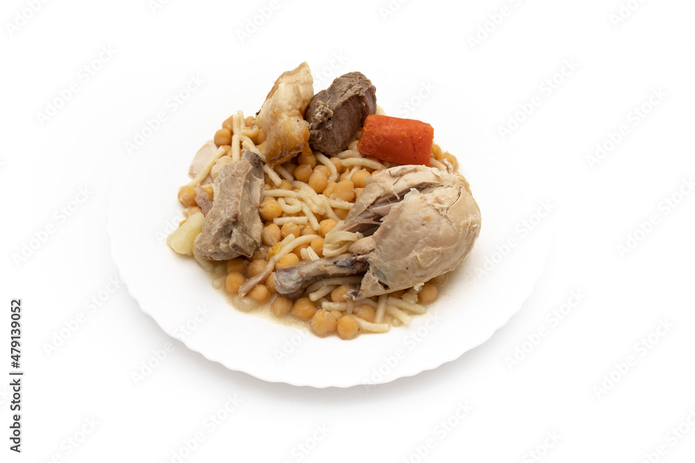 The best Spanish stew. Andalusian Puchero: Spanish chickpea stew. Most famous traditional dish in Andalusia, Spain. Isolated on white background. The best Spanish stew. Andalusian Puchero: Spanish chickpea stew. Most famous traditional dish in Andalusia, Spain. Isolated on white background.