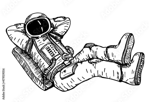 Hand drawn Astronaut with black glass on the helmet isolated on white background. Sketch Design illustration.