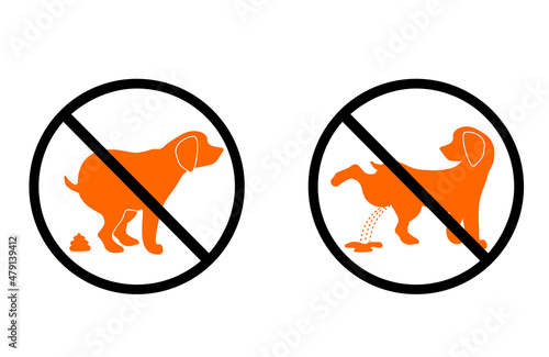 No dog poop sign and No pissing dog sign. Shitting is not allowed. Information circular sign for dog owners. No poo and no pee. Vector stock illustration