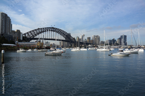 Beautiful scenic view of Sydney City Center, Harbour Bridge, Luna Park, boats and yachts from Lavender Bay. 