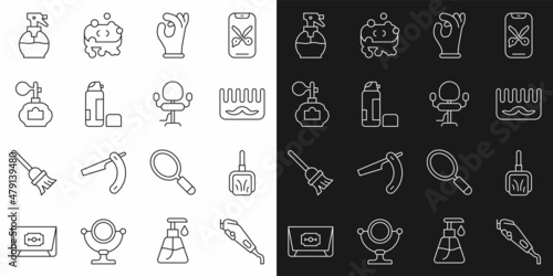 Set line Electrical hair clipper, Dustpan, Hairbrush, Medical rubber gloves, Shaving gel foam, Aftershave, Hairdresser pistol spray bottle and Barbershop chair icon. Vector