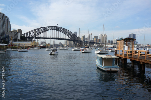 Beautiful scenic view of Sydney City Center  Harbour Bridge  Luna Park  boats and yachts from Lavender Bay.  