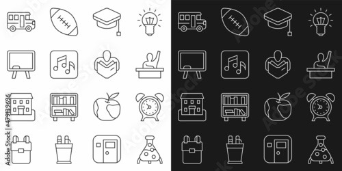 Set line Test tube and flask  Alarm clock  Male kid raising hand  Graduation cap  Music note  tone  Chalkboard  School Bus and Man reading book icon. Vector