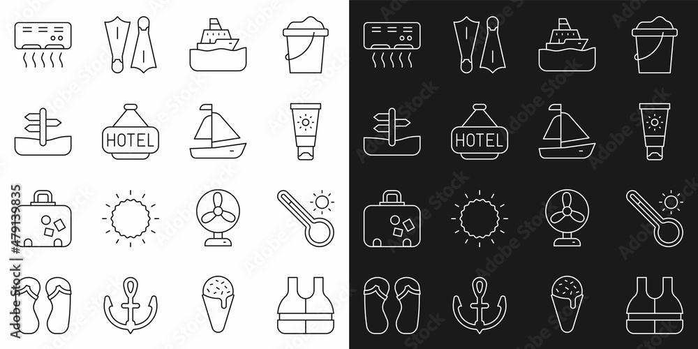 Set line Life jacket, Meteorology thermometer, Sunscreen cream in tube, Cruise ship, Signboard with text Hotel, Road traffic sign, Air conditioner and Yacht sailboat icon. Vector