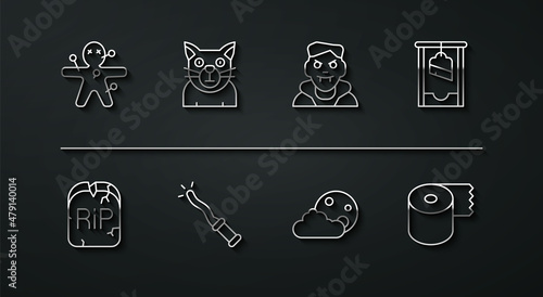 Set line Voodoo doll, Tombstone with RIP written, Guillotine, Moon and stars, Magic wand, Cat, Toilet paper roll and Vampire icon. Vector