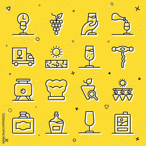 Set line Cardboard box of wine, Drying grapes, Wine corkscrew, tasting, degustation, Drought, truck, time and glass icon. Vector