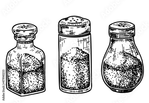 Salt and pepper shakers collection isolated on white background. Spice containers sketch. Set of vector hand drawn illustrations