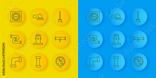 Set line Industry metallic pipe, Fire hydrant, Water meter, Broken with leaking water, Manhole sewer cover, Mop and tap icon. Vector